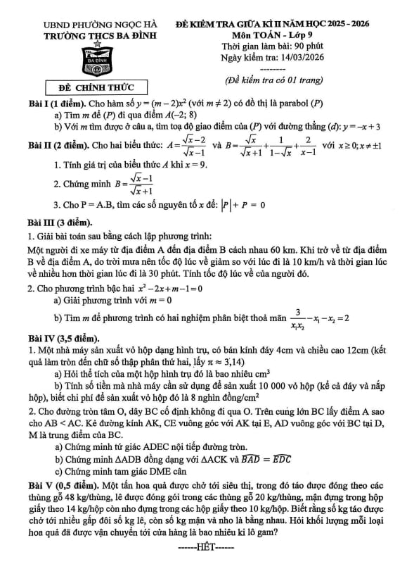 đề giữa kì 2 toán 9 năm 2025 – 2026 trường thcs ba đình – hà nội