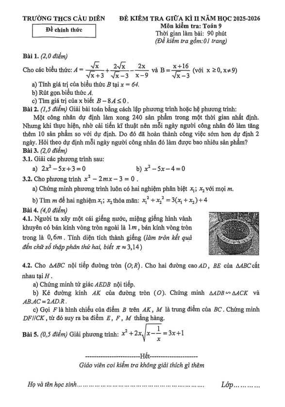 đề giữa kì 2 toán 9 năm 2025 – 2026 trường thcs cầu diễn – hà nội