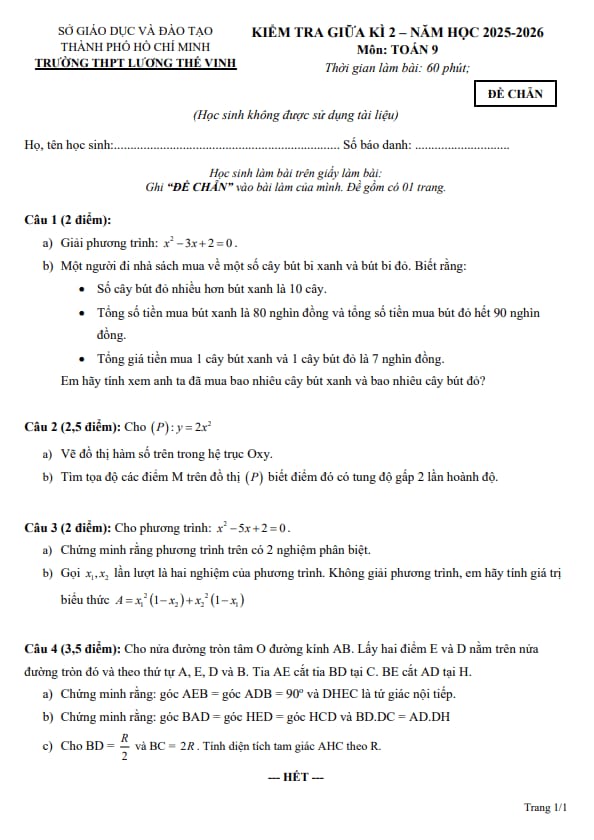 đề giữa kì 2 toán 9 năm 2025 – 2026 trường thpt lương thế vinh – tp hcm