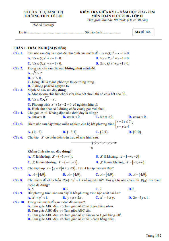 đề giữa kỳ 1 toán 10 knttvcs năm 2023 – 2024 trường thpt lê lợi – quảng trị
