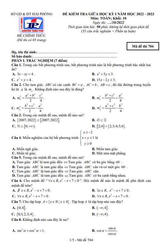 đề giữa kỳ 1 toán 10 năm 2022 – 2023 trường thpt chuyên trần phú – hải phòng