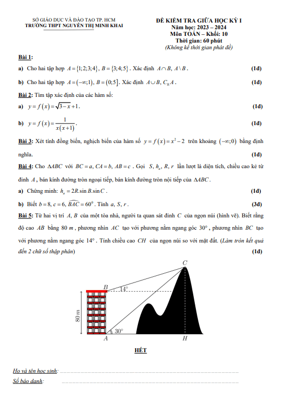 đề giữa kỳ 1 toán 10 năm 2023 – 2024 trường thpt nguyễn thị minh khai – tp hcm