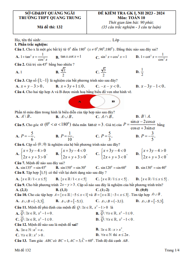 đề giữa kỳ 1 toán 10 năm 2023 – 2024 trường thpt quang trung – quảng ngãi