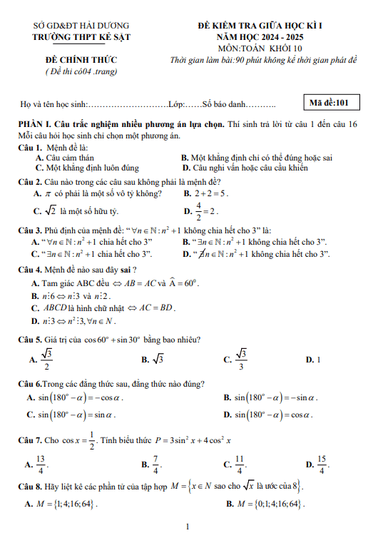 đề giữa kỳ 1 toán 10 năm 2024 – 2025 trường thpt kẻ sặt – hải dương