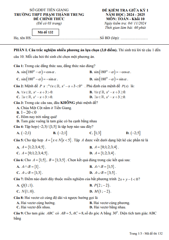 đề giữa kỳ 1 toán 10 năm 2024 – 2025 trường thpt phạm thành trung – tiền giang