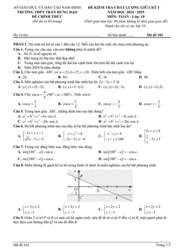 đề giữa kỳ 1 toán 10 năm 2024 – 2025 trường thpt trần hưng đạo – nam định