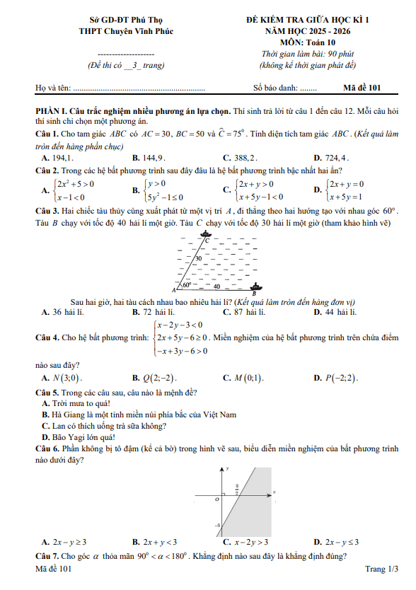 đề giữa kỳ 1 toán 10 năm 2025 – 2026 trường thpt chuyên vĩnh phúc – phú thọ
