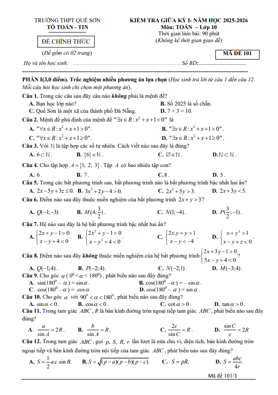 đề giữa kỳ 1 toán 10 năm 2025 – 2026 trường thpt quế sơn – đà nẵng