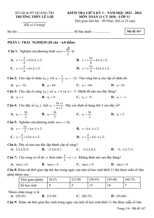 đề giữa kỳ 1 toán 11 knttvcs năm 2023 – 2024 trường thpt lê lợi – quảng trị