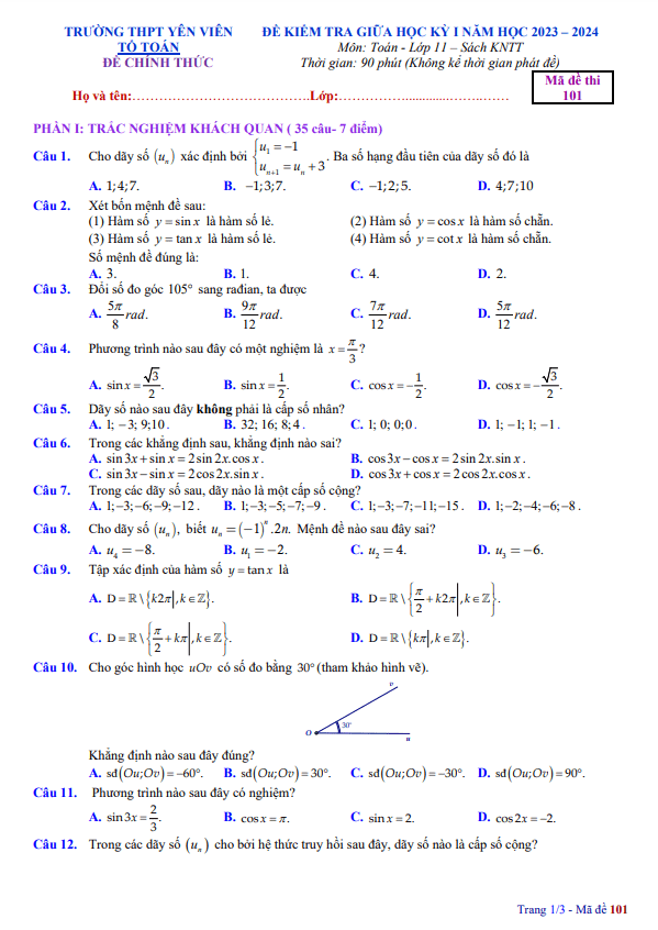 đề giữa kỳ 1 toán 11 knttvcs năm 2023 – 2024 trường thpt yên viên – hà nội