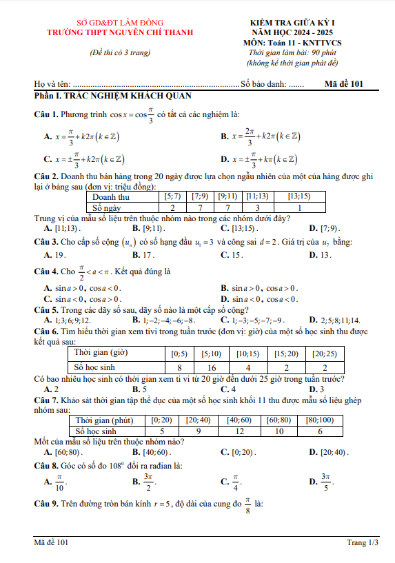 đề giữa kỳ 1 toán 11 knttvcs năm 2024 – 2025 trường thpt nguyễn chí thanh – lâm đồng