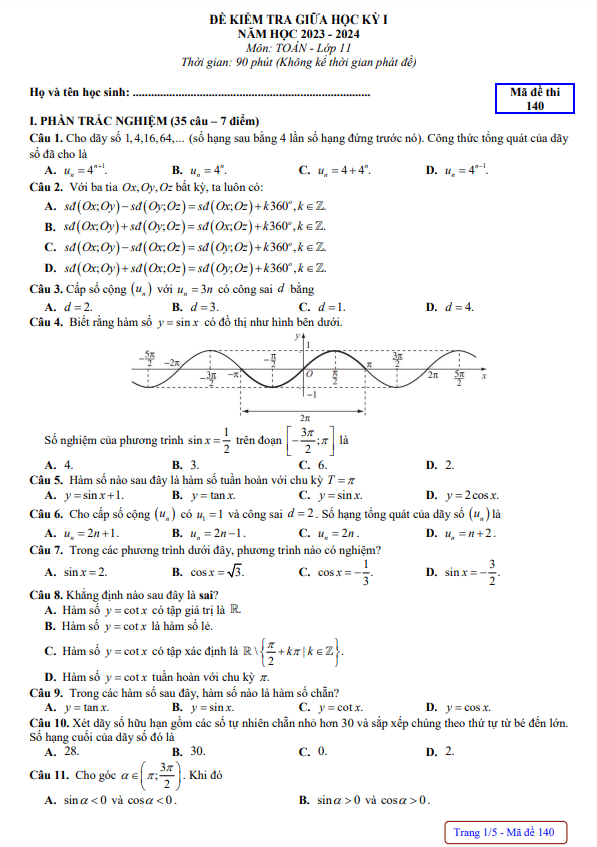 đề giữa kỳ 1 toán 11 năm 2023 – 2024 trường thpt chuyên quốc học huế