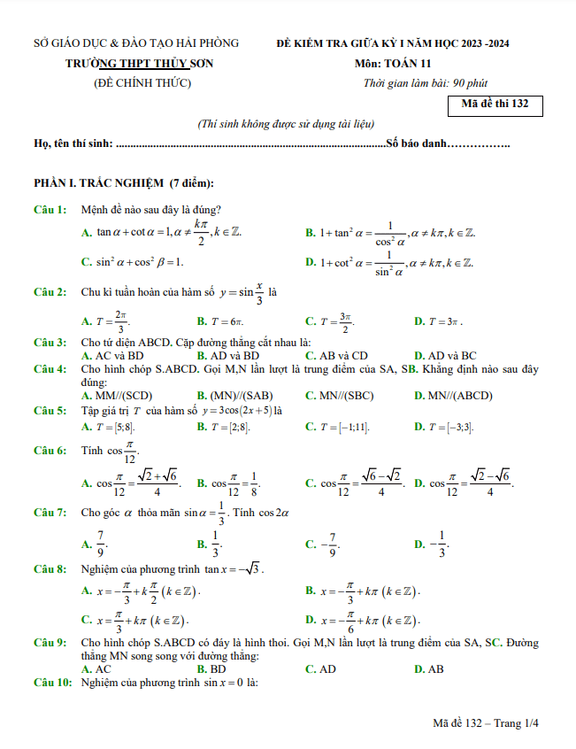 đề giữa kỳ 1 toán 11 năm 2023 – 2024 trường thpt thủy sơn – hải phòng