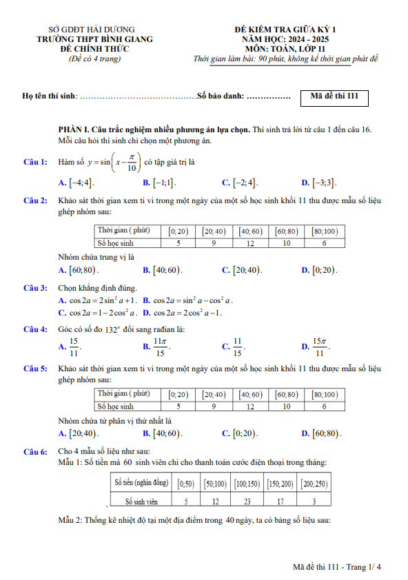 đề giữa kỳ 1 toán 11 năm 2024 – 2025 trường thpt bình giang – hải dương