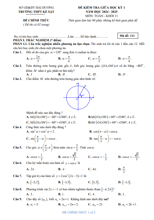 đề giữa kỳ 1 toán 11 năm 2024 – 2025 trường thpt kẻ sặt – hải dương