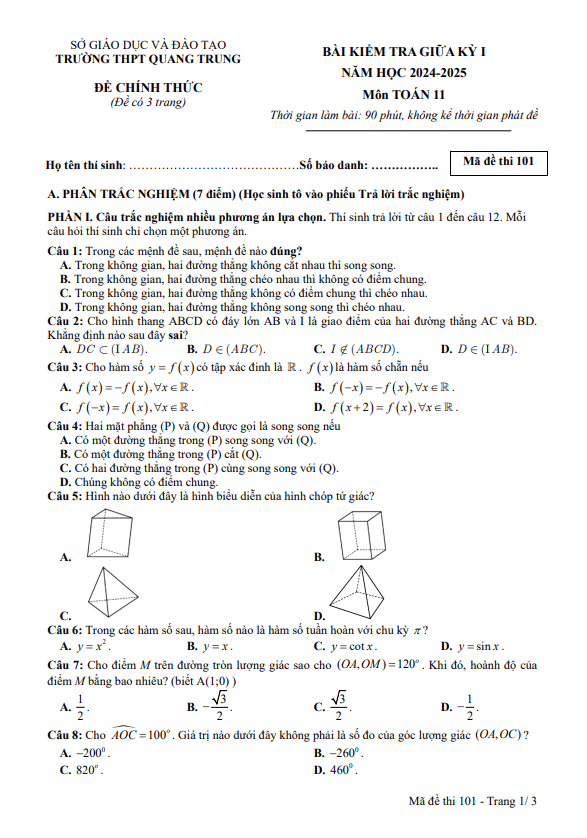 đề giữa kỳ 1 toán 11 năm 2024 – 2025 trường thpt quang trung – gia lai