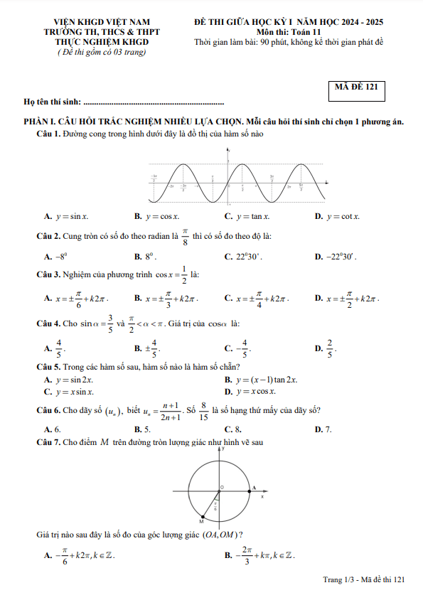đề giữa kỳ 1 toán 11 năm 2024 – 2025 trường thực nghiệm khoa học giáo dục – hà nội