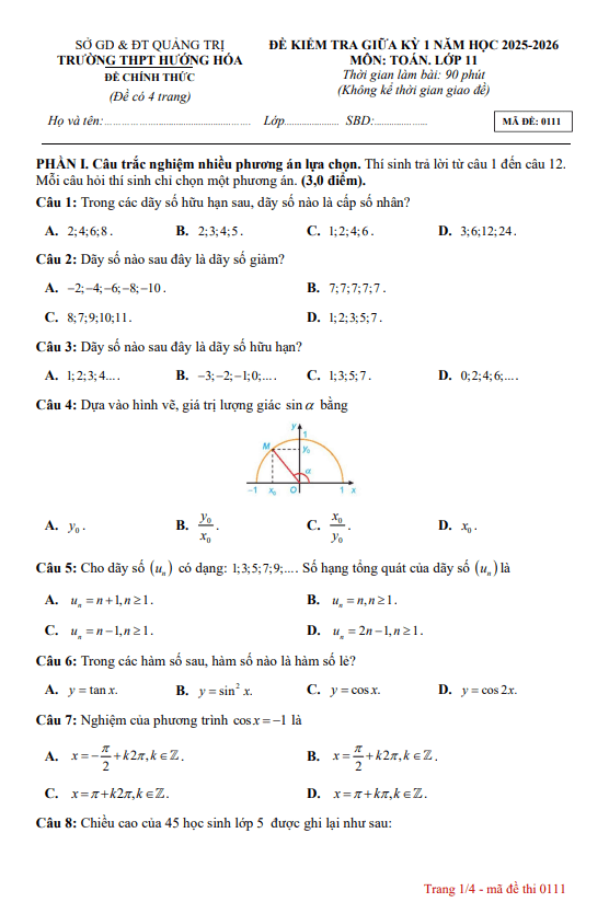 đề giữa kỳ 1 toán 11 năm 2025 – 2026 trường thpt hướng hóa – quảng trị