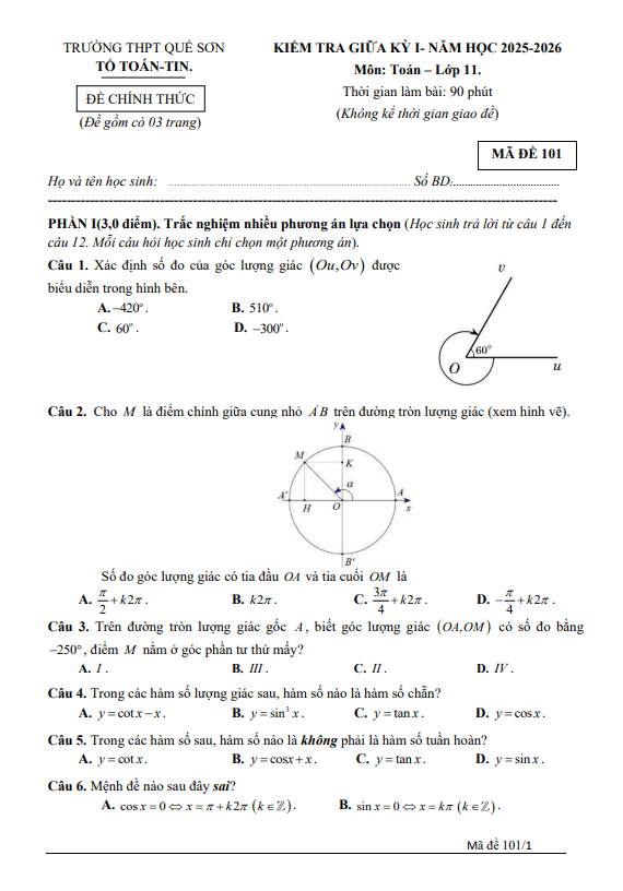 đề giữa kỳ 1 toán 11 năm 2025 – 2026 trường thpt quế sơn – đà nẵng