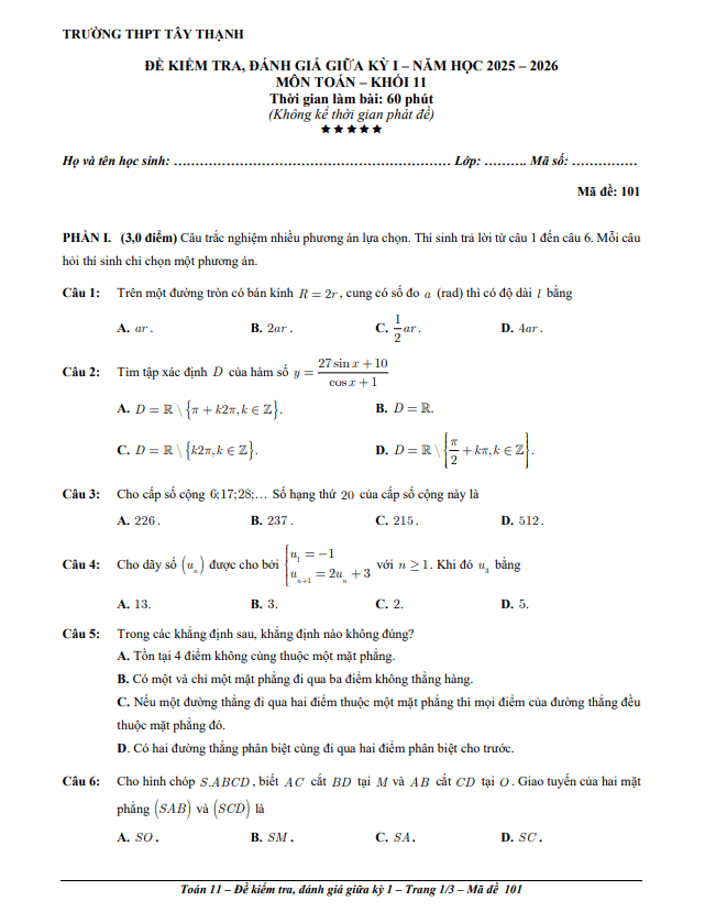 đề giữa kỳ 1 toán 11 năm 2025 – 2026 trường thpt tây thạnh – tp hcm