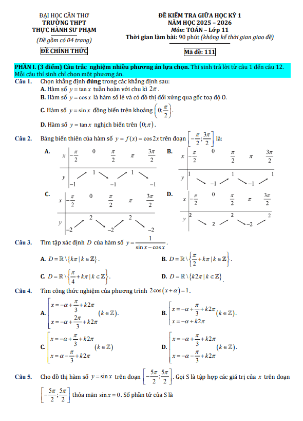 đề giữa kỳ 1 toán 11 năm 2025 – 2026 trường thpt thực hành sư phạm – cần thơ