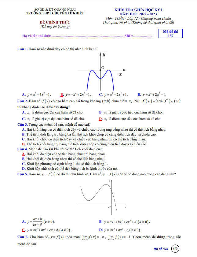 đề giữa kỳ 1 toán 12 năm 2022 – 2023 trường chuyên lê khiết – quảng ngãi