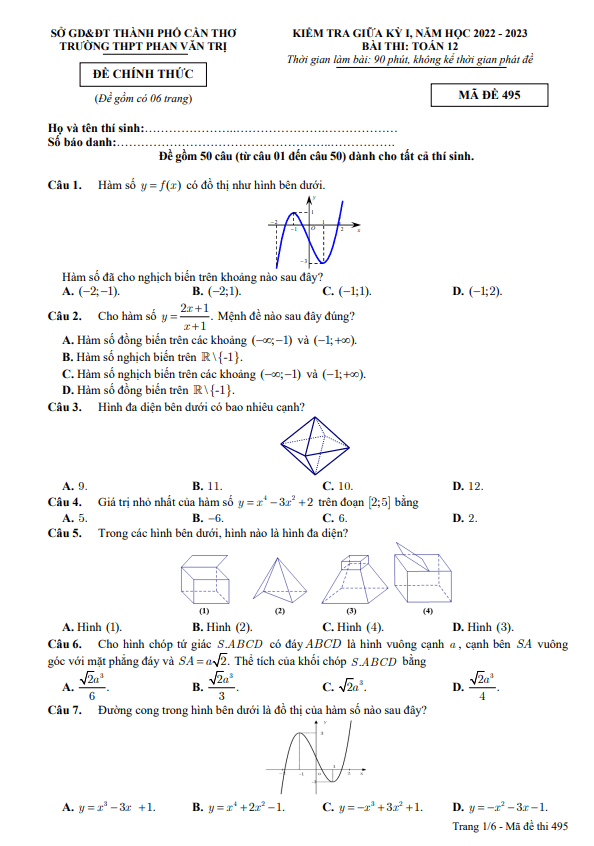 đề giữa kỳ 1 toán 12 năm 2022 – 2023 trường thpt phan văn trị – cần thơ
