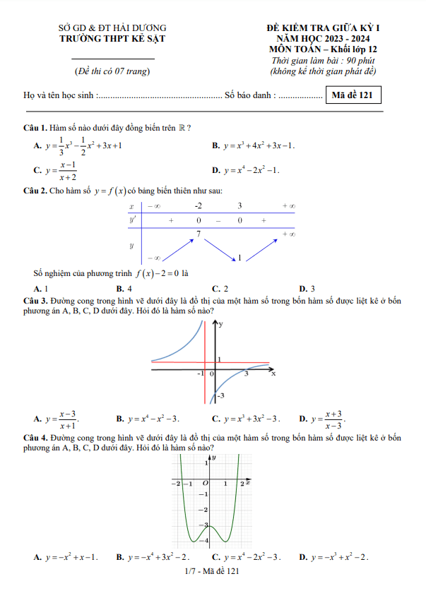 đề giữa kỳ 1 toán 12 năm 2023 – 2024 trường thpt kẻ sặt – hải dương