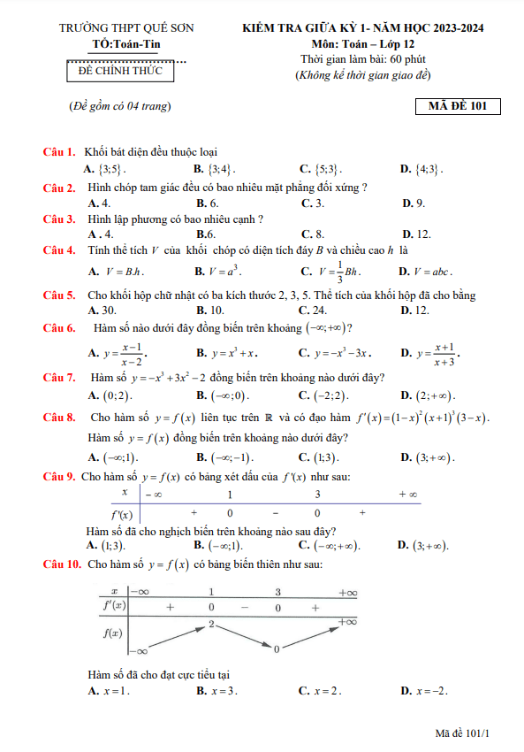 đề giữa kỳ 1 toán 12 năm 2023 – 2024 trường thpt quế sơn – quảng nam