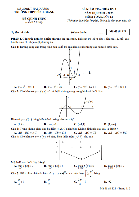 đề giữa kỳ 1 toán 12 năm 2024 – 2025 trường thpt bình giang – hải dương
