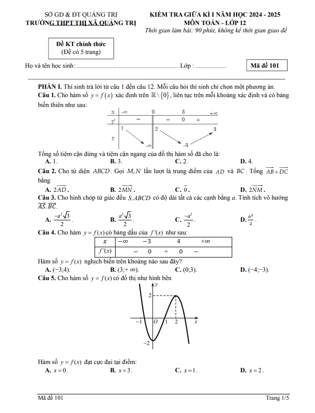 đề giữa kỳ 1 toán 12 năm 2024 – 2025 trường thpt thị xã quảng trị