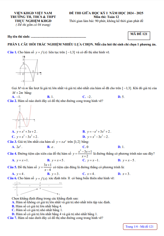 đề giữa kỳ 1 toán 12 năm 2024 – 2025 trường thực nghiệm khoa học giáo dục – hà nội