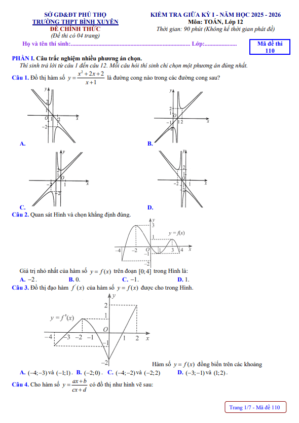 đề giữa kỳ 1 toán 12 năm 2025 – 2026 trường thpt bình xuyên – phú thọ