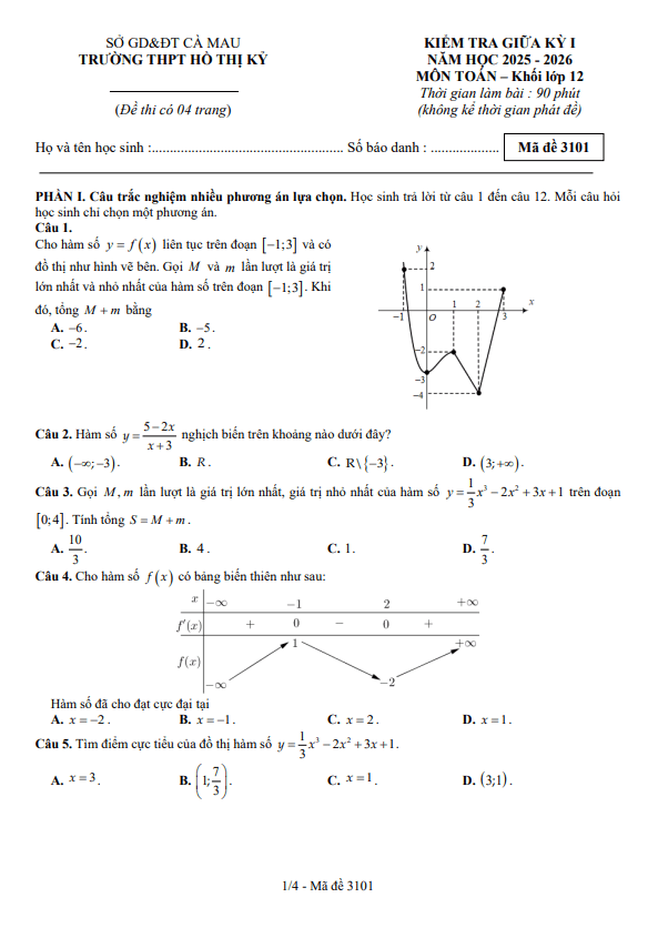 đề giữa kỳ 1 toán 12 năm 2025 – 2026 trường thpt hồ thị kỷ – cà mau