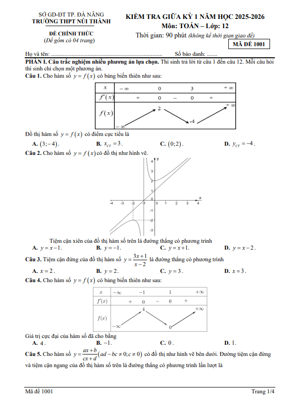 đề giữa kỳ 1 toán 12 năm 2025 – 2026 trường thpt núi thành – đà nẵng