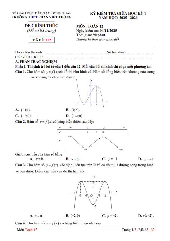 đề giữa kỳ 1 toán 12 năm 2025 – 2026 trường thpt phan việt thống – đồng tháp