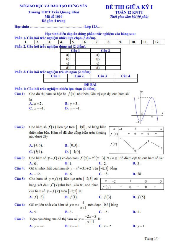 đề giữa kỳ 1 toán 12 năm 2025 – 2026 trường thpt trần quang khải – hưng yên