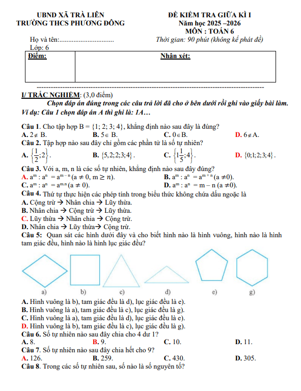 đề giữa kỳ 1 toán 6 năm 2025 – 2026 trường thcs phương đông – đà nẵng