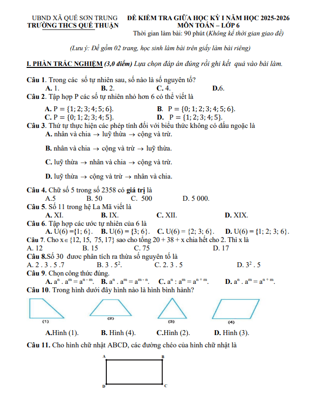 đề giữa kỳ 1 toán 6 năm 2025 – 2026 trường thcs quế thuận – đà nẵng