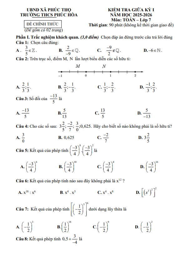 đề giữa kỳ 1 toán 7 năm 2025 – 2026 trường thcs phúc hòa – hà nội