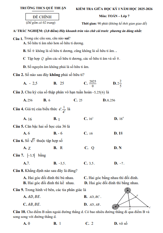 đề giữa kỳ 1 toán 7 năm 2025 – 2026 trường thcs quế thuận – đà nẵng