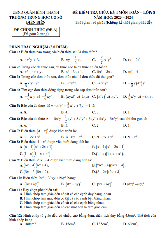 đề giữa kỳ 1 toán 8 năm 2023 – 2024 trường thcs điện biên – tp hcm