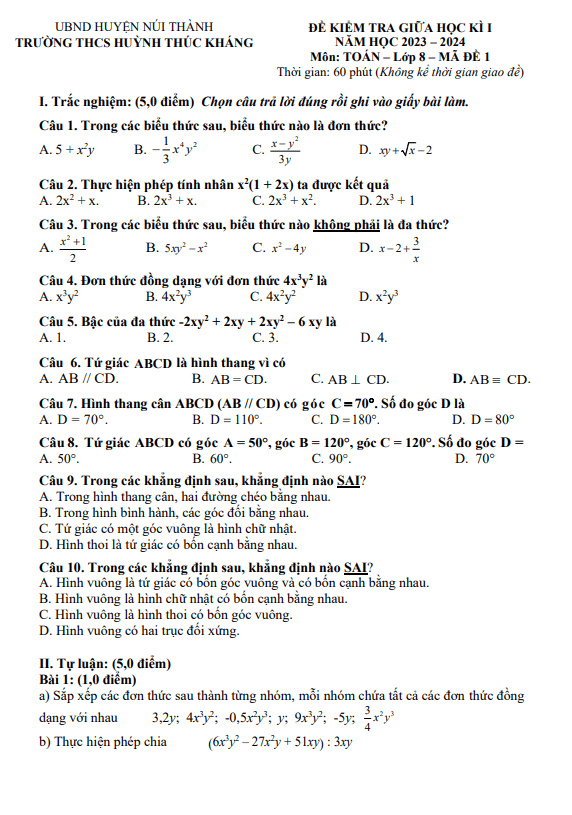 đề giữa kỳ 1 toán 8 năm 2023 – 2024 trường thcs huỳnh thúc kháng – quảng nam