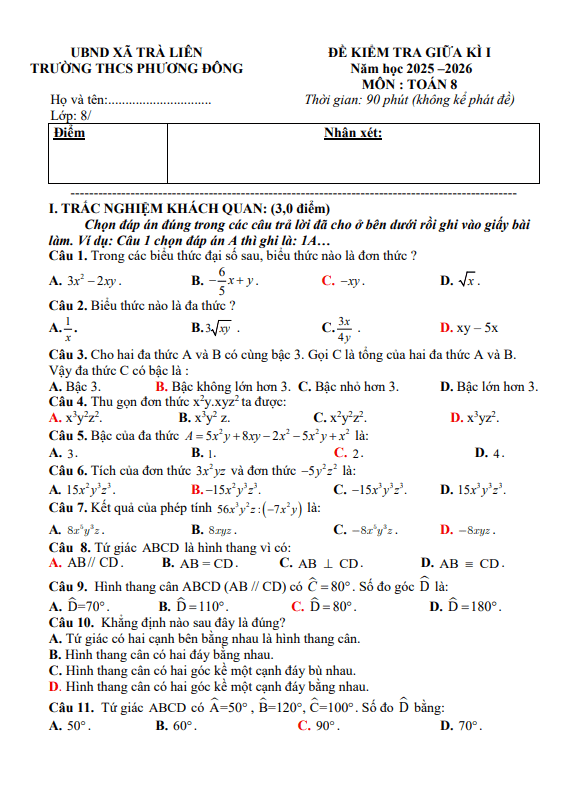 đề giữa kỳ 1 toán 8 năm 2025 – 2026 trường thcs phương đông – đà nẵng