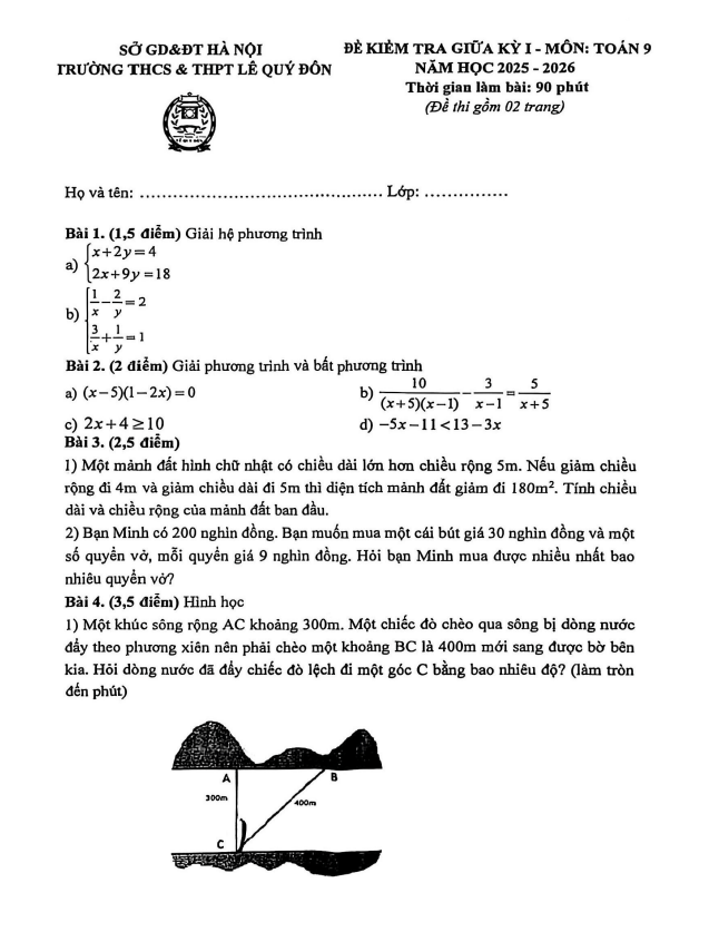 đề giữa kỳ 1 toán 9 năm 2025 – 2026 trường lê quý đôn – hà nội