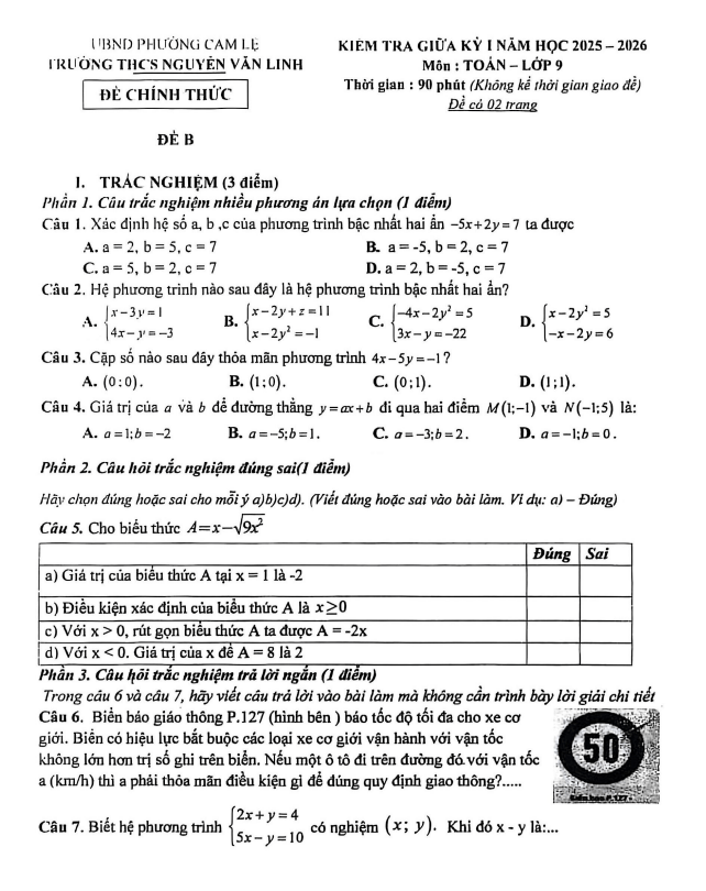 đề giữa kỳ 1 toán 9 năm 2025 – 2026 trường thcs nguyễn văn linh – đà nẵng