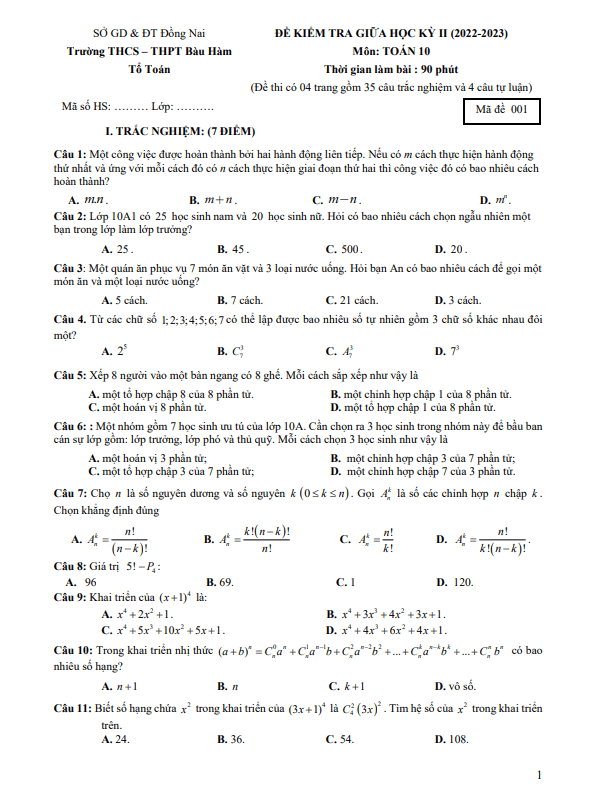 đề giữa kỳ 2 toán 10 năm 2022 – 2023 trường thcs – thpt bàu hàm – đồng nai