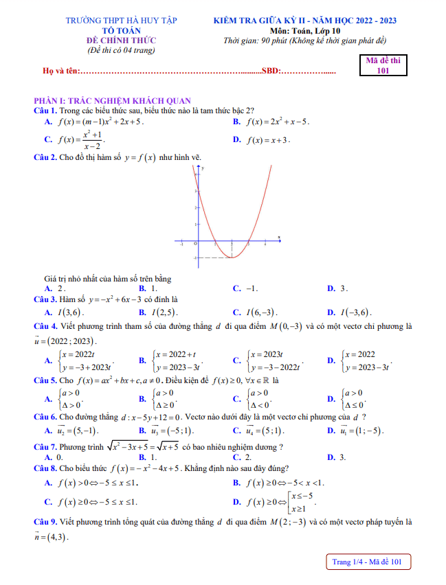 đề giữa kỳ 2 toán 10 năm 2022 – 2023 trường thpt hà huy tập – nghệ an