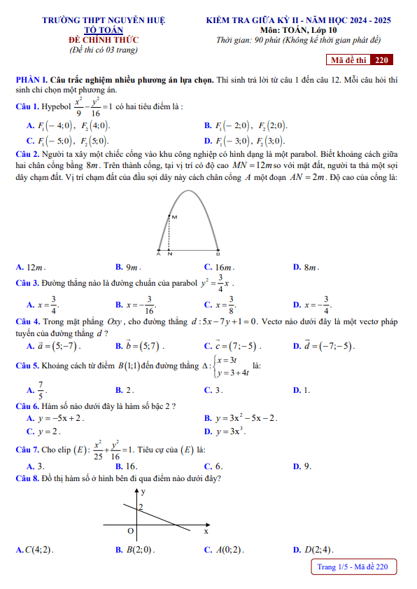 đề giữa kỳ 2 toán 10 năm 2024 – 2025 trường thpt nguyễn huệ – huế