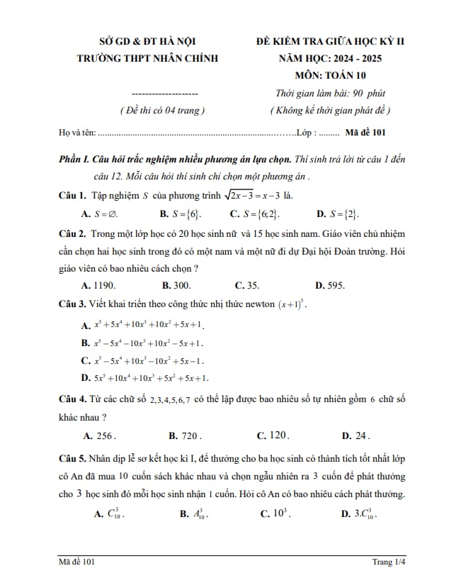 đề giữa kỳ 2 toán 10 năm 2024 – 2025 trường thpt nhân chính – hà nội